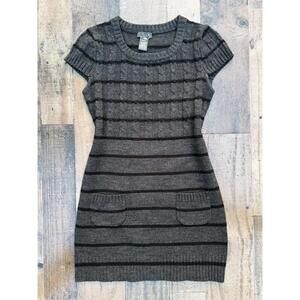 DEX Gray & Black Stripe Short Sleeved Midi Sweater Dress Size S